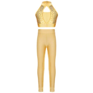 Kids Girls Sweatsuit Racer Crop Top With Pants Dance Tracksuit Class Sequin Gym - Picture 1 of 58