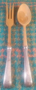 Vintage Web Sterling Silver Handle Wooden Fork & Spoon Salad Server France  - Picture 1 of 6