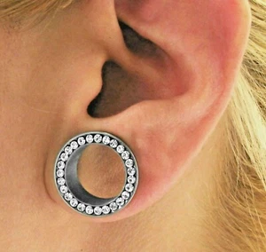 PAIR 7/8" or 1" GIANT HEAVY LARGE GAUGES CZ GEM 316L STEEL SCREW FIT EAR TUNNEL - Picture 1 of 4