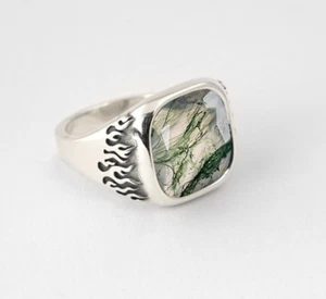 Anillo de fuego de ágata de musgo verde plata de ley 925 hecho a mano joyas de piedras preciosas - Imagen 1 de 5