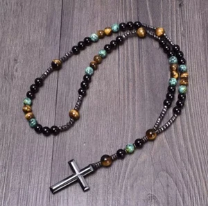 Obsidian Tiger's Eye African Turquoise Beaded Hematite Cross Pendant Necklace - Picture 1 of 3