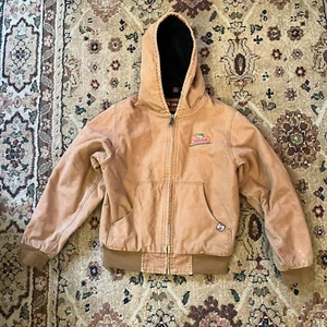 Dekalb Logo Dri Duck Hood Canvas Jacket Boys L Brown Quilt Lined Hunting Chores - Picture 1 of 24