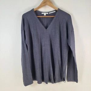 Trenery womens top size L navy blue linen blend long sleeve VNeck 113123 - Picture 1 of 11