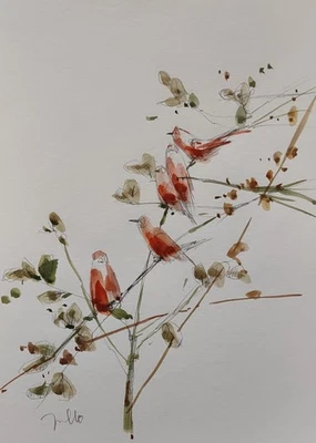 JOSE TRUJILLO Watercolor Painting Collectible ORIGINAL Birds Branch coa - Image 1 of 4