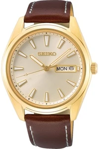 SEIKO SUR450P1, cuarzo para hombre, esfera dorada, acero inoxidable, correa, día/fecha, 100 m WR, SUR450 - Imagen 1 de 2