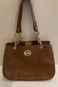 Michael Kors MK Fulton Leather Shoulder Hand Bag Brown Gold Chain EUC - Picture 1 of 8