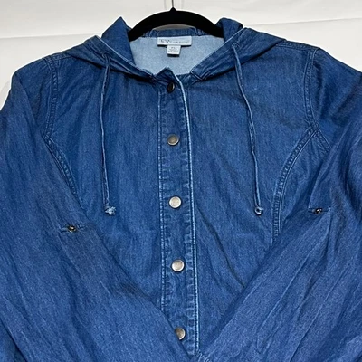 The TOG Shop Women Size Petite Large Denim Blue Long Sleeve Shirt Hood Roll Tab - Image 1 of 4