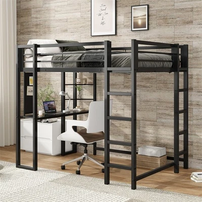 Full Size Metal Loft Bed Frame with Desk and Storage Compatible Boys Girls Teens - Image 1 of 4