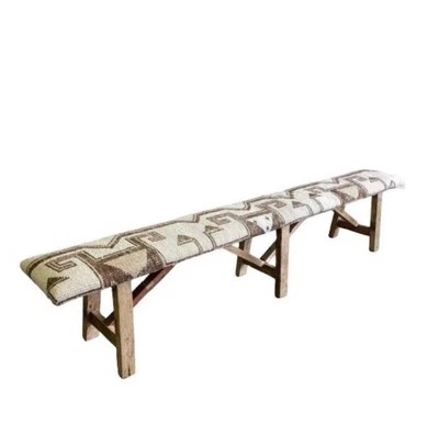 XL - Vintage Rug Upholstered Wood Bench - Image 1 of 4