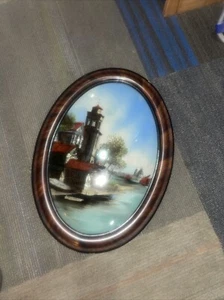 Oval Convex Framed Art Folk Vintage Venice 17x23”  - Picture 1 of 4