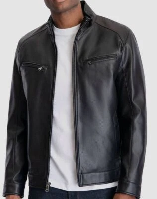 $225 Chaqueta Abrigo Michael Kors Para Hombre Negro Cuero Sintético Perforado Moto Talla M Foto 1 de 3