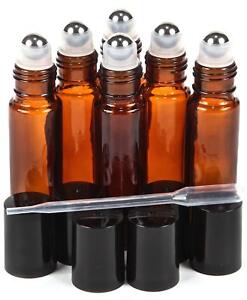 6 Pk, Amber, 10 ml Glass Roll-on Bottles , Stainless Steel Roller + 1 Dropper