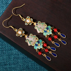 Boucles d'oreilles pendantes émaillées ethniques chinoises vintage crochet goutte bijou - Photo 1/5