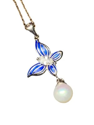 Colar pingente gota prata esterlina pérolas Vantel borboleta azul 18"" - Imagem 1 de 4