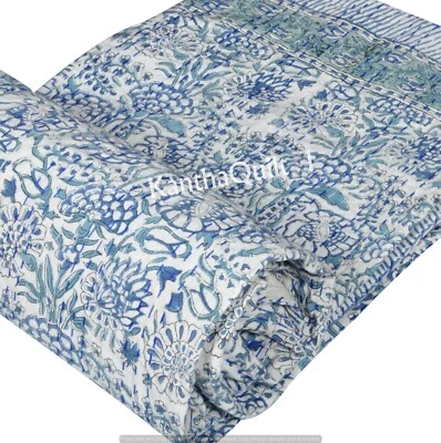 Indian Handmade King Size Cotton Kantha Quilt Hand Block Blanket Bedspread Throw - Image 1 of 4