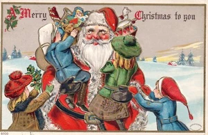Buon Natale a voi bambini che si arrampicano su Babbo Natale con regali cartolina vintage Babbo Natale - Foto 1 di 2