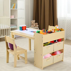 Grupo de asientos para niños Juego de muebles para niños 4 piezas Mesa para niños Mesa con estantería 2 sillas - Imagen 1 de 7
