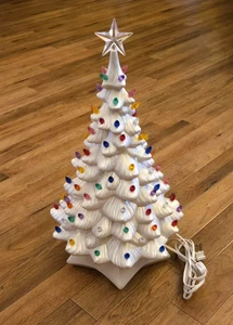 Vintage Holland Mold Ceramic 19” White Iridescent Christmas Tree w/Lights & Base - Picture 1 of 20