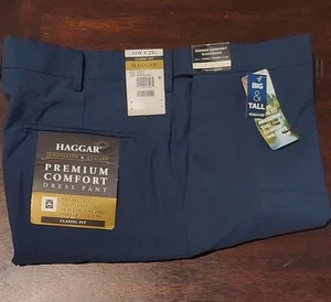 44 x 29 Haggar Men's Premium Comfort Dress Pants Blue Stretch Stria Pleated New - Picture 1 of 2