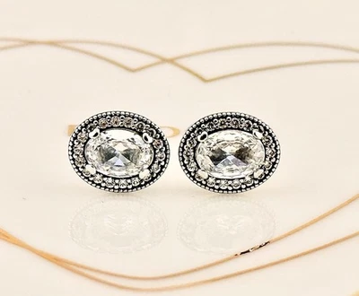 New Genuine Pandora Sparkling Oval Vintage Elegance Stud Earrings 296247CZ - Image 1 of 4