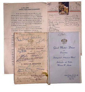 J. EDGAR HOOVER SIGNED, GRAND MASTER'S ACHIEVEMENT MEDAL MENU, MASONIC, w SPEECH - Picture 1 of 14