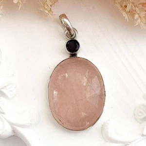 Rosenquarz schwarzer Onyx Halbedelstein Edelstein Sterlingsilber Vintage Anhänger - Bild 1 von 10
