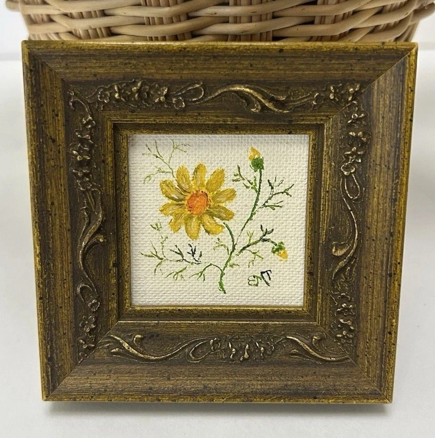 Pintura al óleo original vintage años 70 arte enmarcado floral flores doradas 3x3 Foto 1 de 3
