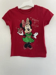 Disney Kids Girls Flip Sequin Minnie Mouse Christmas Short Sleeve Shirt Red XS 4 - Picture 1 of 8