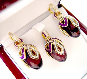 SALE ! SUPERB ENAMEL EGG PENDANT & EARRINGS SET STERLING SILVER 925 w/ AMETHYST - Picture 1 of 1