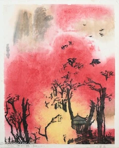 Beautiful Vintage Chinese Mixed Media Painting Tianping Red Maple Trees Suzhou - Picture 1 of 8