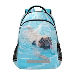 Happy Cute Pug Dog Backpacks Travel Laptop Daypack School Book Bag Navy - Picture 1 of 7