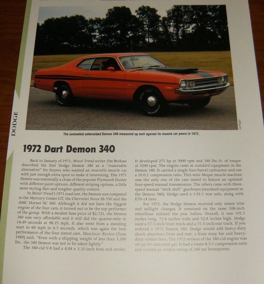 1972 Dodge Dart Demon 340 Specs Info Photo Print 72 Mopar - Image 1 of 1