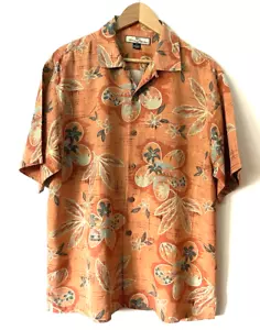 Men's Size Medium TOMMY BAHAMA Orange Island Palm Tree Hawaiian Shirt 100% Silk - Picture 1 of 4