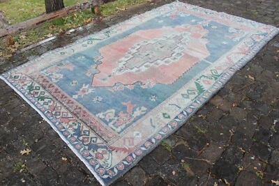 Vintage Handmade Turkish Oriental Bedroom Oushak Area Carpet Rug, 63"x109" - Image 1 of 4