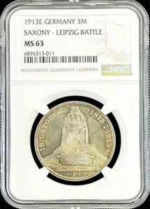 1913 E SILVER GERMAN STATE SAXONY 3 MARK LEIPZIG MONUMENT NGC MINT STATE 63 - Picture 1 of 2