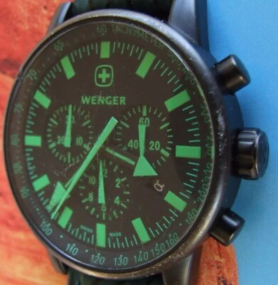 WENGER Swiss Army~Raid COMMANDO CHRONO~Rare Black PVD/Green~42mm~NEW SharkSkin - Image 1 of 4