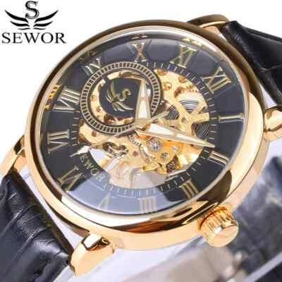 Relojes mecánicos de cuerda manual para hombre con correa de cuero moda informal reloj de pulsera para hombre Foto 1 de 4