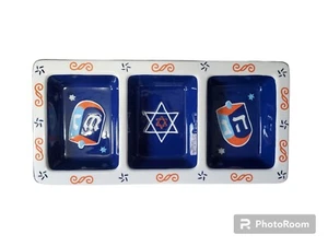 Beautiful White & Blue Plate Hanukkah 3 Compartment Serving Tray Dreidel Plate - Picture 1 of 10