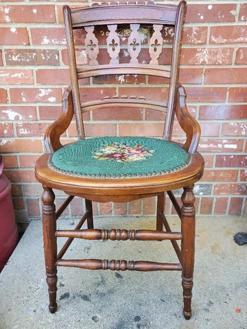 Antique Walnut Chair Dark Green Needlepoint Ornate Carved Backrest Spindles #4 Cover
