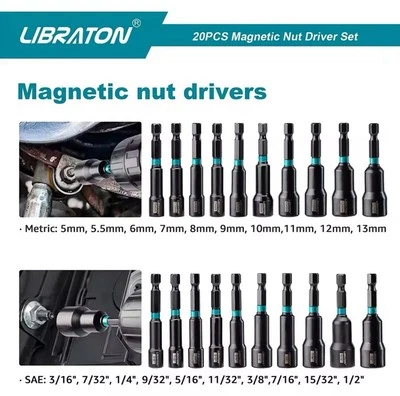 Libraton 20pcs Magnetic Nut Driver Set Impact Drill Driver 1/4 Metric - Image 1 of 4
