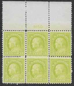 US Scott #513 MNH VF Plate # Blocco (6) 13c Verde Mela Franklin SCV $240 - Foto 1 di 2