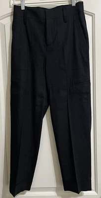 Pantalones negros cargo Vince para mujer bolsillos mezcla de lino talla pequeña con puños dobladillo Foto 1 de 4
