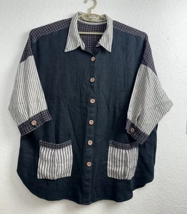 Patchwork Shirt Womens 3X Blue Colorblock Lagenlook Artsy Nautical Boho Casual - Bild 1 von 13