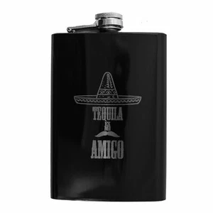 8oz Tequila Es Mi Amigo Black Flask - Picture 1 of 1