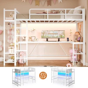 Twin Loft Bed with L-Shaped Desk, LED Lights and 3-Tier Storage Shelves (White) - Picture 1 of 9