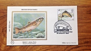 British Fish 1983 Benham Silk FDC / Cover . Trout , Redditch pmk. Free UK P&P - Picture 1 of 3