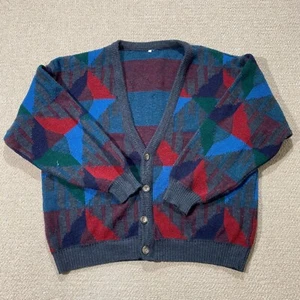 VINTAGE Pattern Cardigan Mens Large 52 EU Relaxed Fit Grey Red Geometric Knitted - Picture 1 of 12