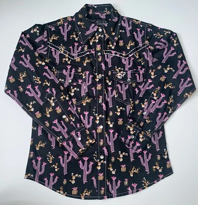 女牛仔五金女孩黑色花卉仙人掌 L/S 珍珠扣衬衫 S 码 (6) 全新带标签 — 第 1/4 张图片