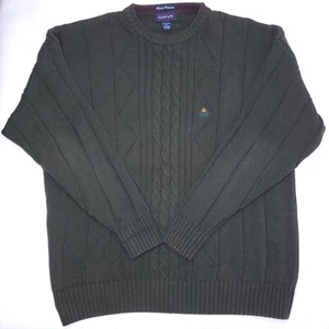 Vintage Gant Forest Green Mens XL Cable Knit Cotton Crewneck Sweater Jumper - Picture 1 of 9