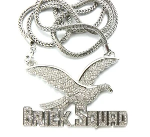 ICE BLING BRICK SQUAD PENDANT WITH 4mm 30" FRANCO CHAIN RHODIUM PLATED - Picture 1 of 2
